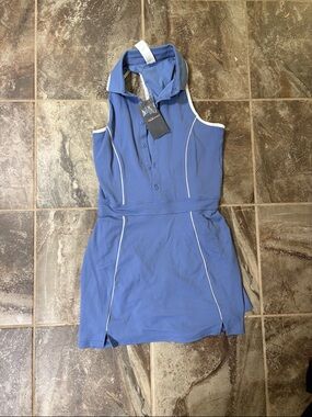 Fabletics Blue Sleeveless Polo Tennis Dress with White Piping